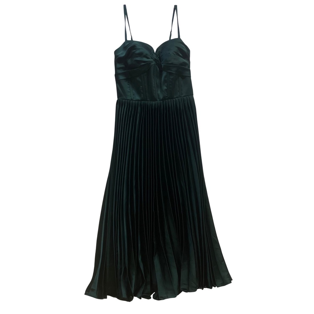 Emerald Green Satin Corset Midi Dress Pleated Lace Up Back Formal SZ 4 Victorian